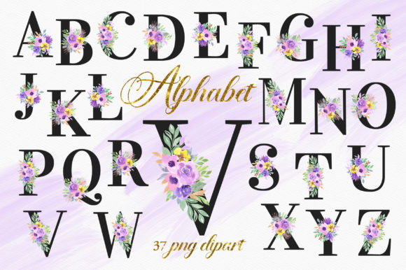 Download Violet Floral Alphabet Numbers Clipart - Premium Bundle